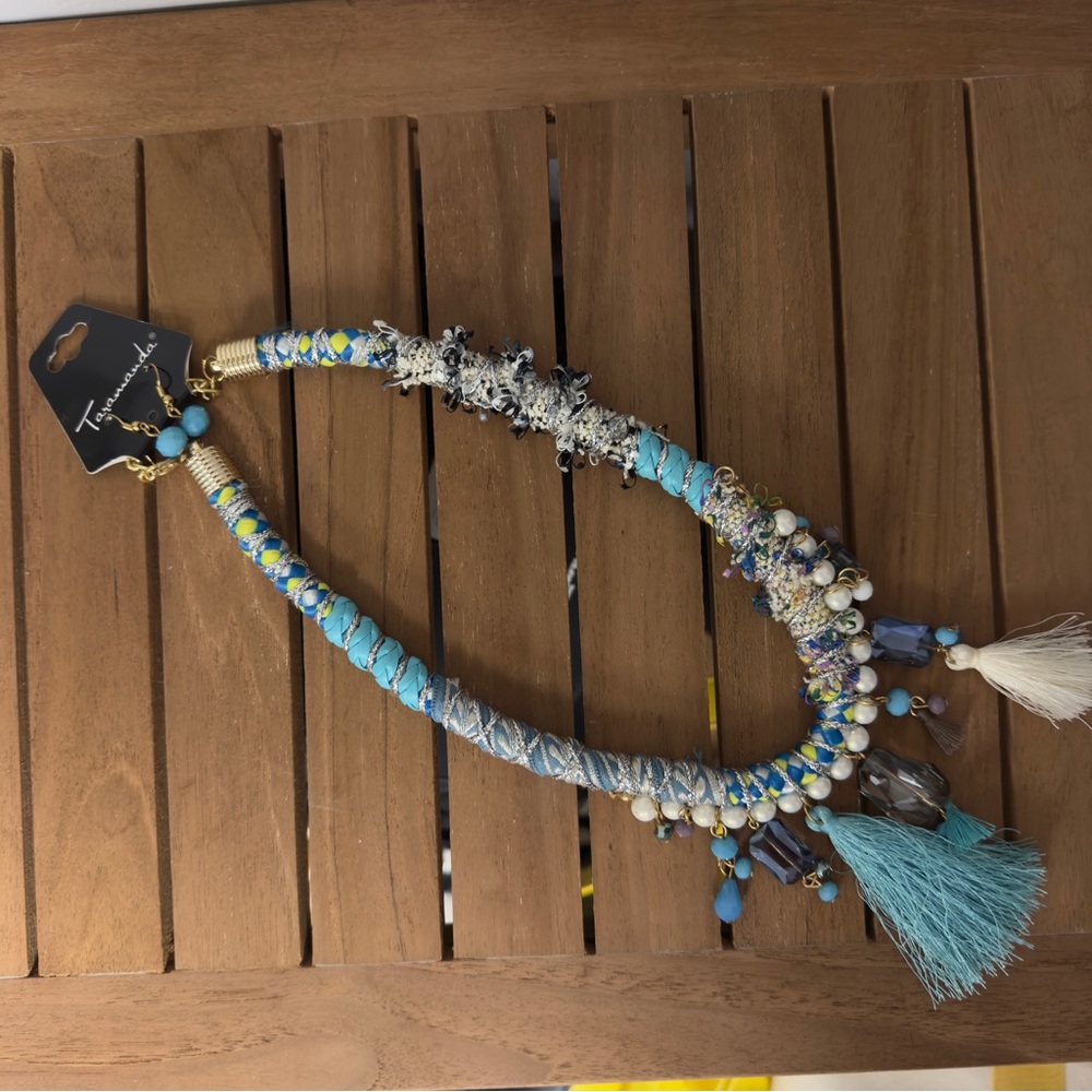 NWT Taramanda Boho Statement Necklace and Earring Set Turquoise Bead & Tassel